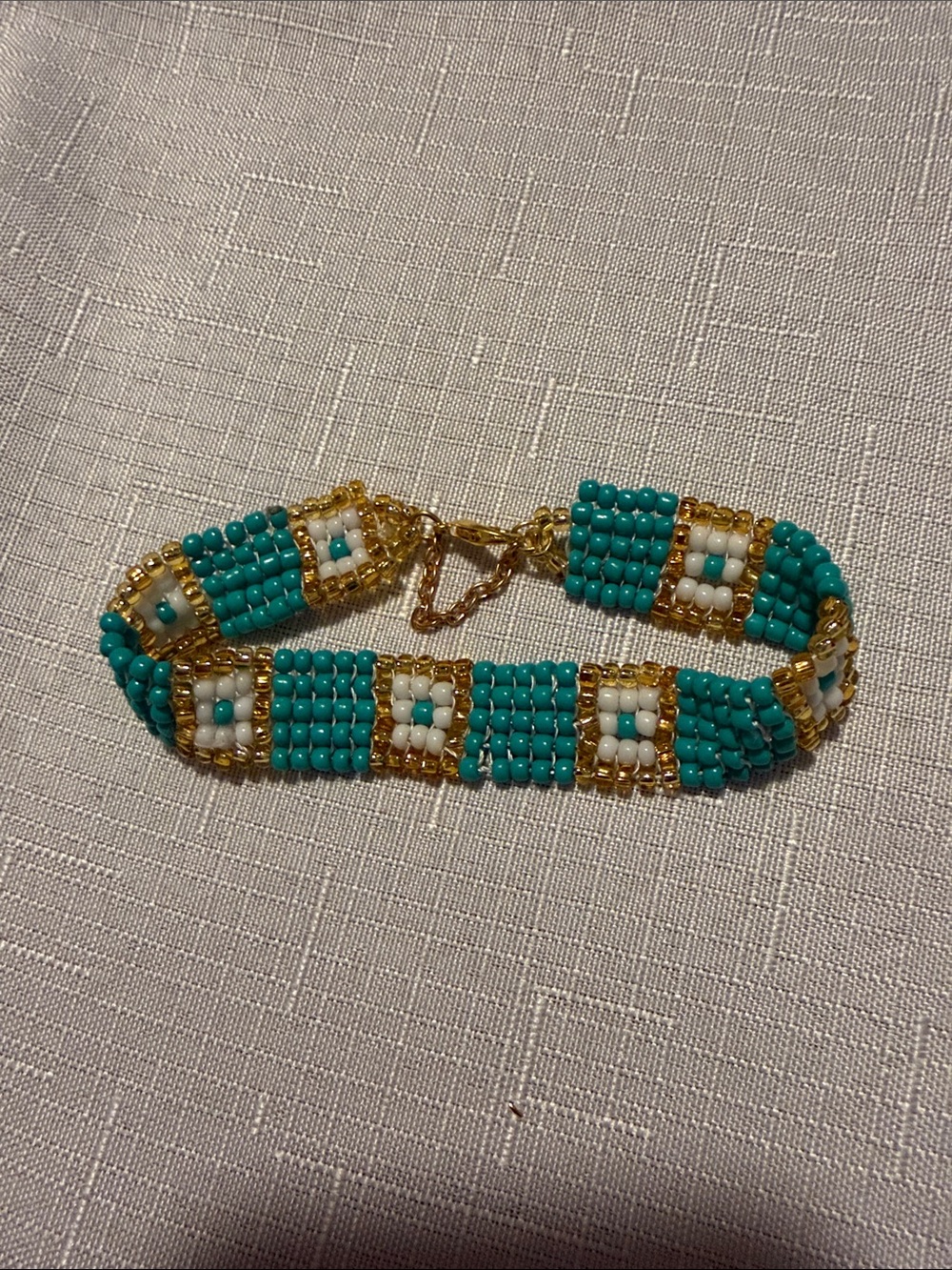 Turquoise & Gold Beaded Bracelet with White Accent Squares